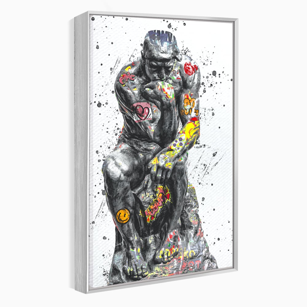 Tablou canvas cu tablou canvas cu statuia ganditorul, in rama de aluminiu argintiu
